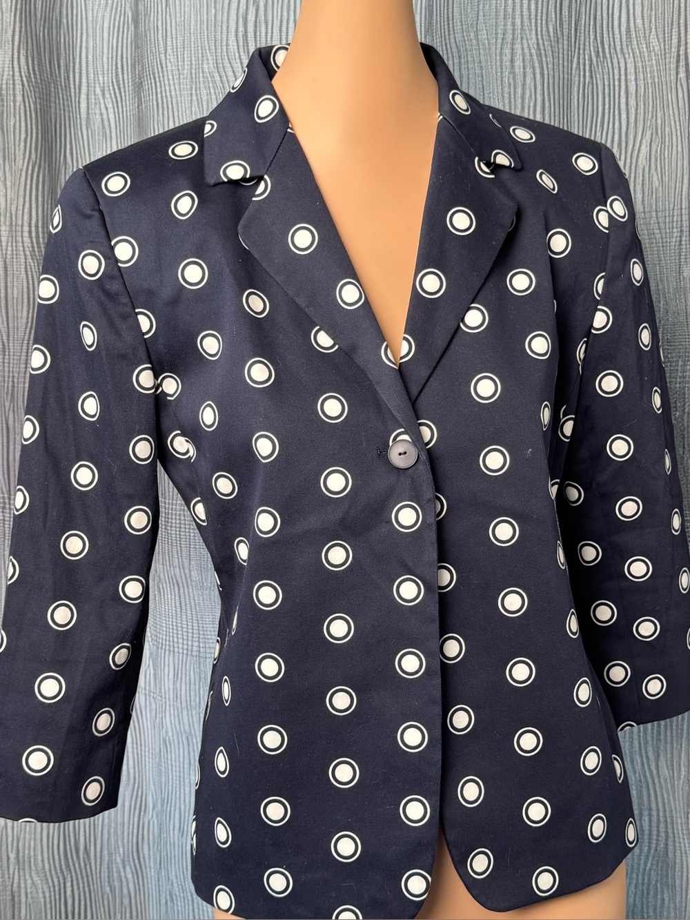 Linda Allard ELLEN TRACY Navy Polka Dot Single-Button Blazer Size 10 Petite